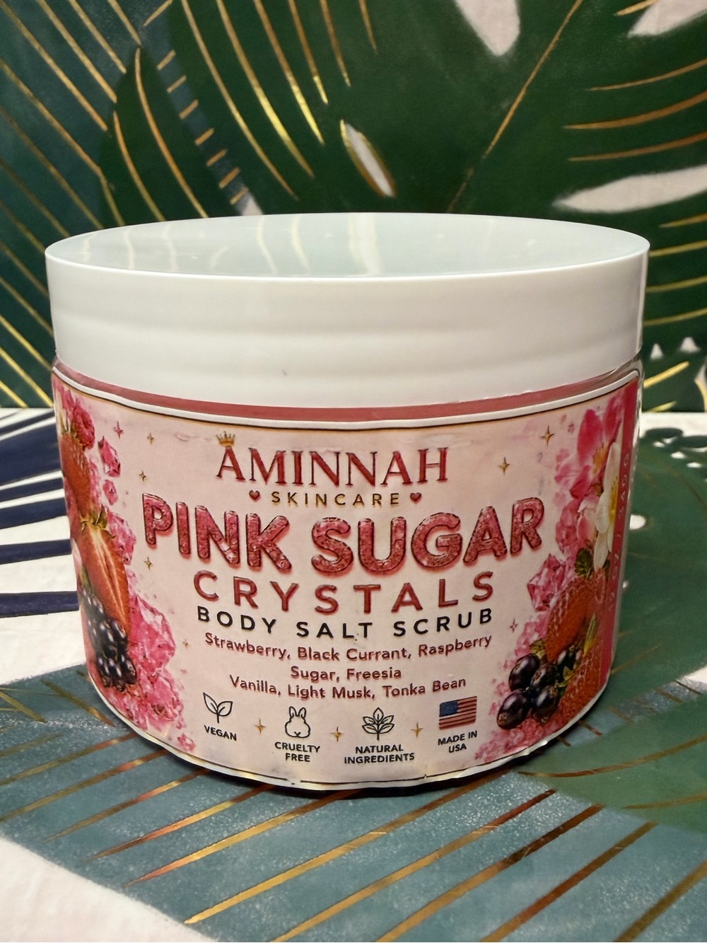Aminnah Pink Sugar Crystals Body Salt Scrub 12 oz Strawberry Raspberry NIB